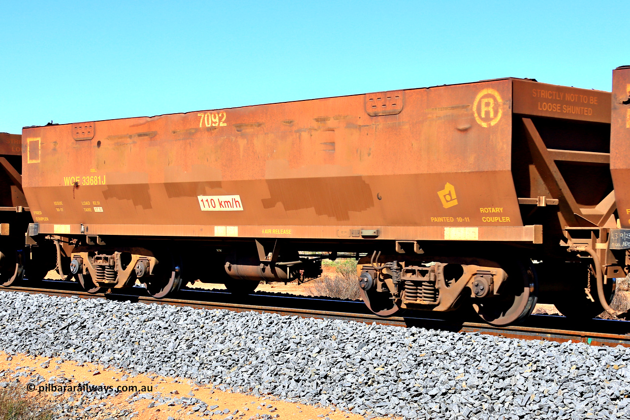 240328 2824
WOE type iron ore waggon WOE 33681 is from a batch of two hundred and twenty seven built by UGL Rail WA between from 08-2011 and 02-2012 of the current style of 82.5 tonne load capacity WOE class waggons with fleet number 7092, in Mineral Resources traffic 5040 empty Mount Walton iron ore train. March 28, 2024.
Keywords: WOE-type;WOE33681;UGL-Rail-WA;R0067-093;