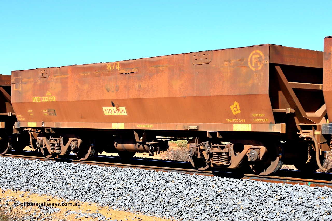 240328 2825
WOE type iron ore waggon WOE 33375 is one of a batch of one hundred and forty one built by United Goninan WA between November 2005 and April 2006 with serial number 950142-080 and fleet number 874, in Mineral Resources traffic 5040 empty Mount Walton iron ore train. March 28, 2024.
Keywords: WOE-type;WOE33375;United-Goninan-WA;950142-080;