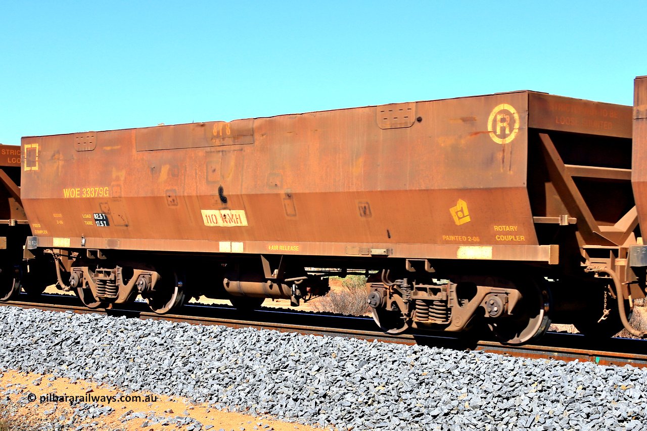 240328 2826
WOE type iron ore waggon WOE 33379 is one of a batch of one hundred and forty one built by United Group Rail WA between November 2005 and April 2006 with serial number 950142-084 and fleet number 878, in Mineral Resources traffic 5040 empty Mount Walton iron ore train. March 28, 2024.
Keywords: WOE-type;WOE33379;United-Group-Rail-WA;950142-084;