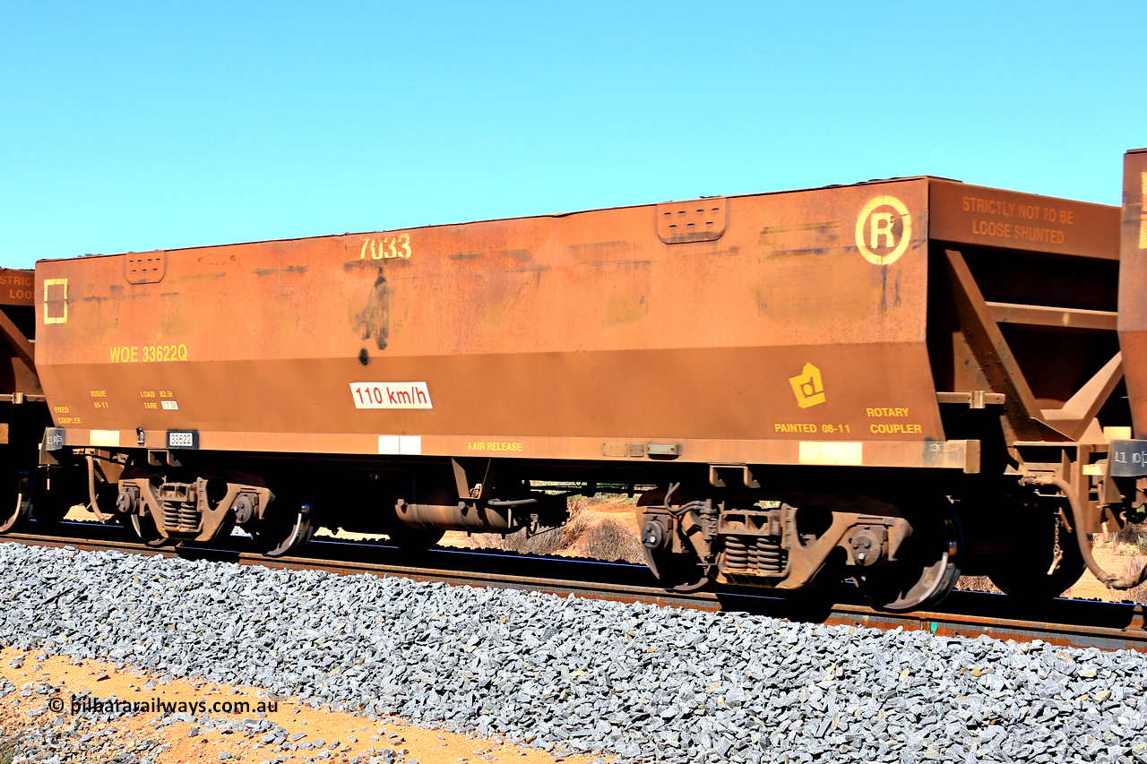 240328 2827
WOE type iron ore waggon WOE 33622 is from a batch of two hundred and twenty seven built by UGL Rail WA between from 08-2011 and 02-2012 of the current style of 82.5 tonne load capacity WOE class waggons with fleet number 7033, in Mineral Resources traffic 5040 empty Mount Walton iron ore train. March 28, 2024.
Keywords: WOE-type;WOE33622;UGL-Rail-WA;R0067-034;
