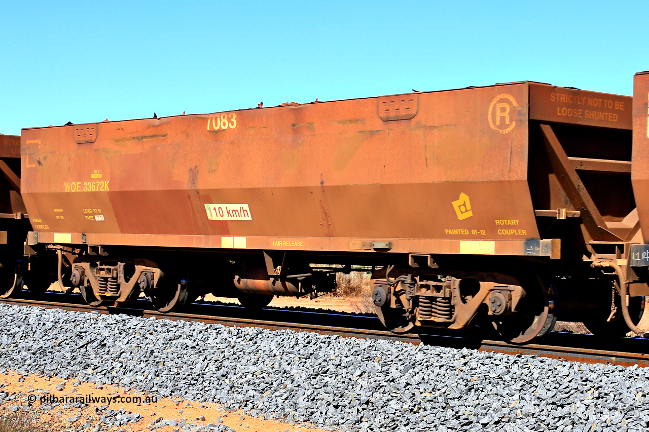 240328 2828
WOE type iron ore waggon WOE 33672 is from a batch of two hundred and twenty seven built by UGL Rail WA between from 08-2011 and 02-2012 of the current style of 82.5 tonne load capacity WOE class waggons with fleet number 7083, in Mineral Resources traffic 5040 empty Mount Walton iron ore train. March 28, 2024.
Keywords: WOE-type;WOE33672;UGL-Rail-WA;R0067-084;