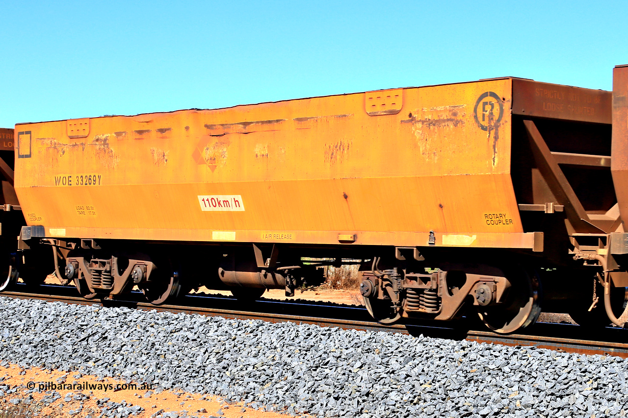 240328 2829
WOE type iron ore waggon WOE 33269 is one of a batch of thirty five built by Goninan WA between January and April 2005 with serial number 950104-009 and was fleet number 768 before getting the Aurizon yellow sides and logo. In Mineral Resources traffic 5040 empty Mount Walton iron ore train. March 28, 2024.
Keywords: WOE-type;WOE33269;Goninan-WA;950104-009;