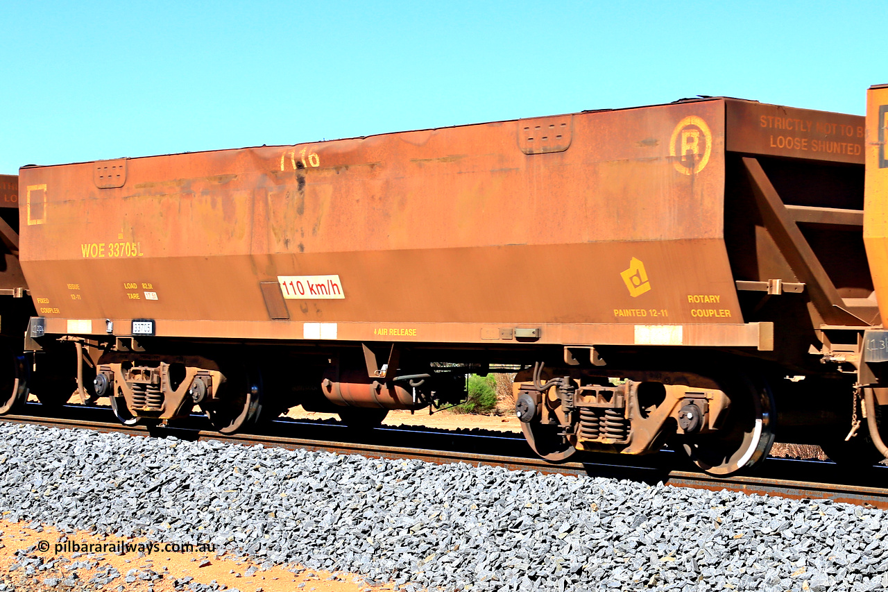 240328 2830
WOE type iron ore waggon WOE 33705 is from a batch of two hundred and twenty seven built by UGL Rail WA between from 08-2011 and 02-2012 of the current style of 82.5 tonne load capacity WOE class waggons with fleet number 7116, in Mineral Resources traffic 5040 empty Mount Walton iron ore train. March 28, 2024.
Keywords: WOE-type;WOE33705;UGL-Rail-WA;R0067-117;