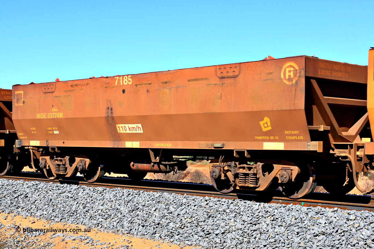 240328 2833
WOE type iron ore waggon WOE 33774 is from a batch of two hundred and twenty seven built by UGL Rail WA between from 08-2011 and 02-2012 of the current style of 82.5 tonne load capacity WOE class waggons with fleet number 7185, in Mineral Resources traffic 5040 empty Mount Walton iron ore train. March 28, 2024.
Keywords: WOE-type;WOE33774;UGL-Rail-WA;R0067-186;