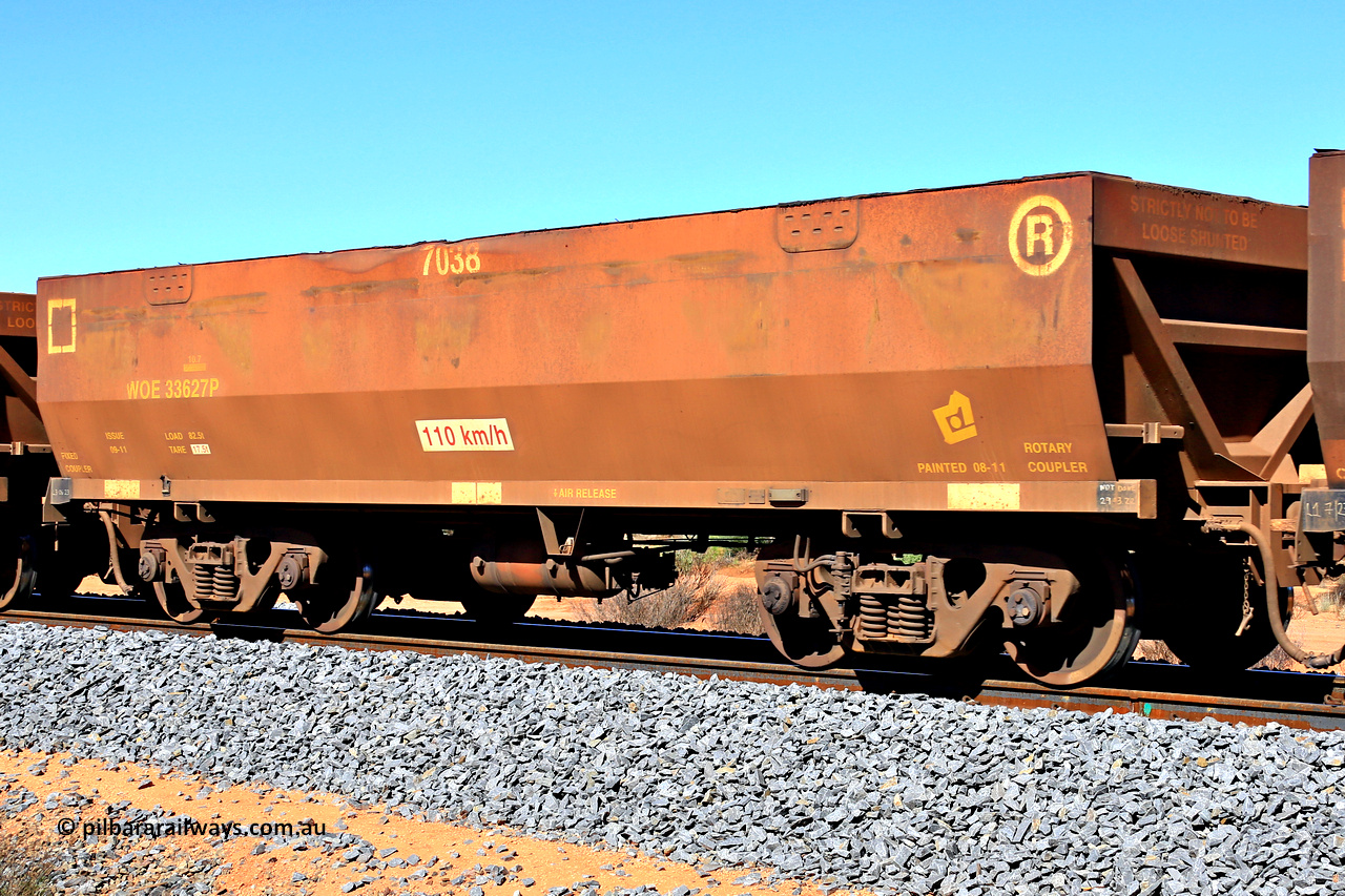 240328 2852
WOE type iron ore waggon WOE 33627 is from a batch of two hundred and twenty seven built by UGL Rail WA between from 08-2011 and 02-2012 of the current style of 82.5 tonne load capacity WOE class waggons and fleet number 7038, in Mineral Resources traffic 5040 empty Mount Walton iron ore train. March 28, 2024.
Keywords: WOE-type;WOE33627;UGL-Rail-WA;R0067-039;