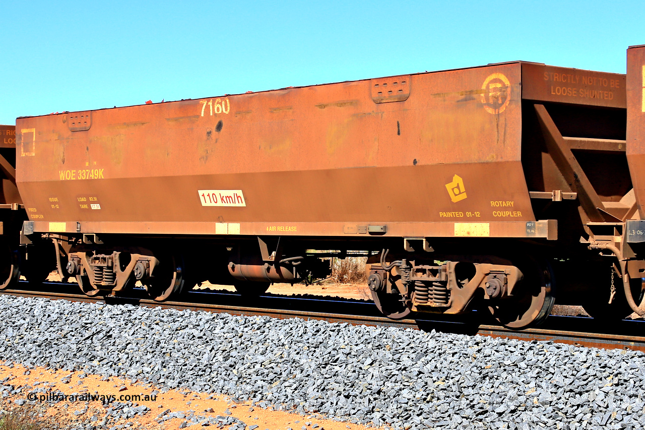 240328 2853
WOE type iron ore waggon WOE 33749 is from a batch of two hundred and twenty seven built by UGL Rail WA between from 08-2011 and 02-2012 of the current style of 82.5 tonne load capacity WOE class waggons and fleet number 7160, in Mineral Resources traffic 5040 empty Mount Walton iron ore train. March 28, 2024.
Keywords: WOE-type;WOE33749;UGL-Rail-WA;R0067-161;
