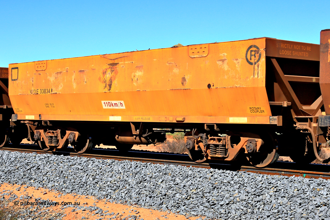 240328 2854
WOE type iron ore waggon WOE 33834 is from a batch of thirty built by UGL [United Goninan Limited] in China during November and December 2015 with serial number R0189-019 and had fleet number 7245 prior to the Aurizon yellow repainted sides and logo, in Mineral Resources traffic 5040 empty Mount Walton iron ore train. March 28, 2024.
Keywords: WOE-type;WOE33834;UGL-China;R0189-019;