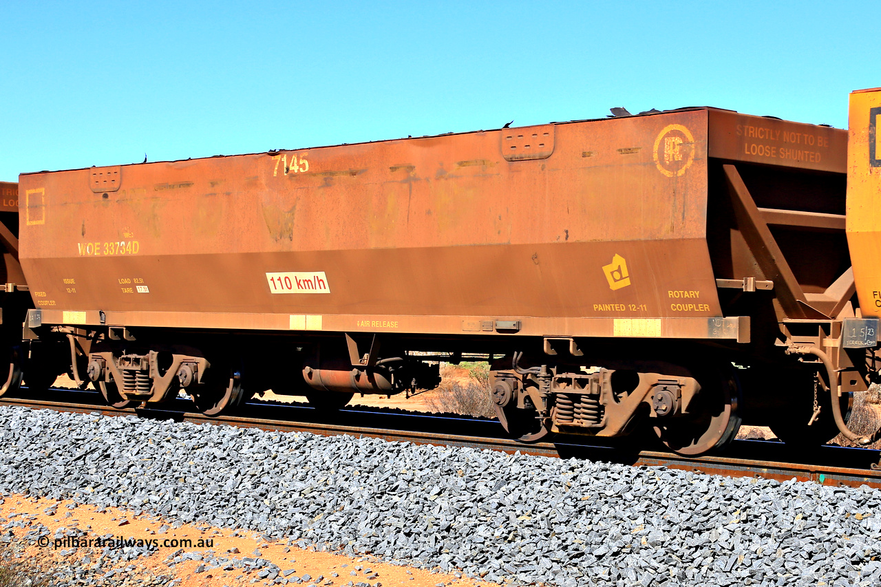 240328 2855
WOE type iron ore waggon WOE 33734 is from a batch of two hundred and twenty seven built by UGL Rail WA between from 08-2011 and 02-2012 of the current style of 82.5 tonne load capacity WOE class waggons and fleet number 7145, in Mineral Resources traffic 5040 empty Mount Walton iron ore train. March 28, 2024.
Keywords: WOE-type;WOE33734;UGL-Rail-WA;R0067-146;