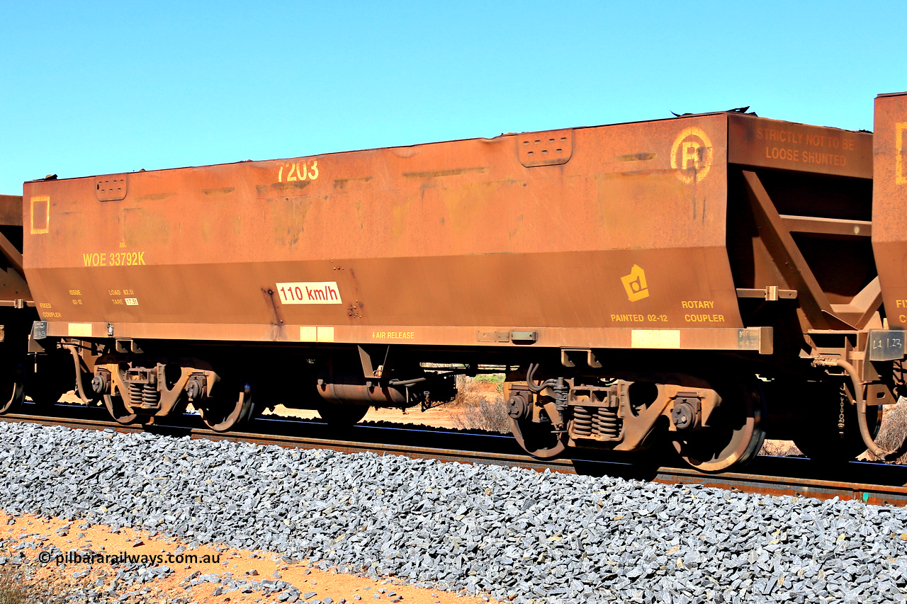 240328 2856
WOE type iron ore waggon WOE 33792 is from a batch of two hundred and twenty seven built by UGL Rail WA between from 08-2011 and 02-2012 of the current style of 82.5 tonne load capacity WOE class waggons and fleet number 7203, in Mineral Resources traffic 5040 empty Mount Walton iron ore train. March 28, 2024.
Keywords: WOE-type;WOE33792;UGL-Rail-WA;R0067-204;