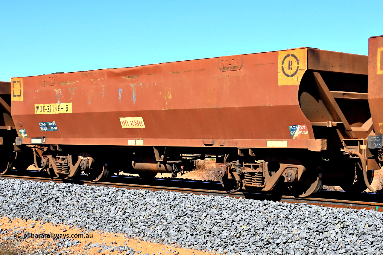 240328 2857
WOE type iron ore waggon WOE 31148 is one of a batch of fifteen built by Goninan WA between April and May 2002 and was fleet number 730 prior to the repainting of the sides, in Mineral Resources traffic 5040 empty Mount Walton iron ore train. March 28, 2024.
Keywords: WOE-type;WOE31148;Goninan-WA;