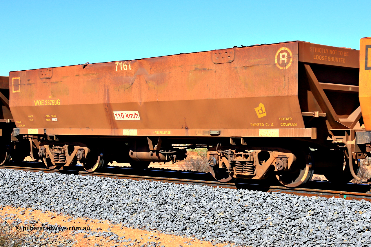 240328 2859
WOE type iron ore waggon WOE 33750 is from a batch of two hundred and twenty seven built by UGL Rail WA between from 08-2011 and 02-2012 of the current style of 82.5 tonne load capacity WOE class waggons and fleet number 7161, in Mineral Resources traffic 5040 empty Mount Walton iron ore train. March 28, 2024.
Keywords: WOE-type;WOE33750;UGL-Rail-WA;R0067-162;