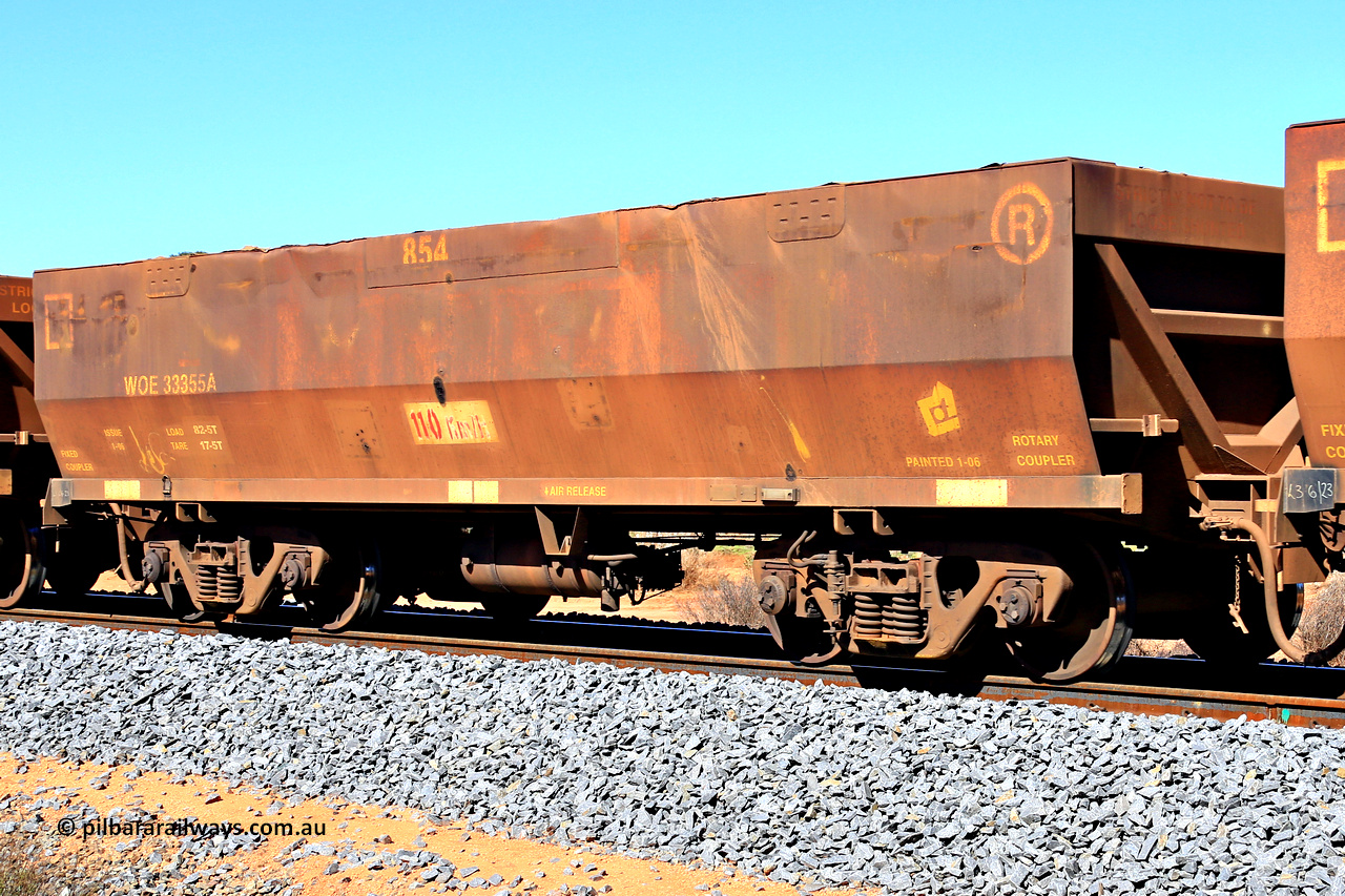 240328 2860
WOE type iron ore waggon WOE 33355 is one of a batch of one hundred and forty one built by United Goninan WA between November 2005 and April 2006 with serial number 950142-060 and fleet number 854, in Mineral Resources traffic 5040 empty Mount Walton iron ore train. March 28, 2024.
Keywords: WOE-type;WOE33355;United-Goninan-WA;950142-060;