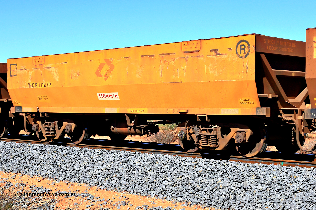 240328 2863
WOE type iron ore waggon WOE 33747 is from a batch of two hundred and twenty seven built by UGL Rail WA between from 08-2011 and 02-2012 of the current style of 82.5 tonne load capacity WOE class waggons and had fleet number 7158 before the Aurizon yellow sides and logos, in Mineral Resources traffic 5040 empty Mount Walton iron ore train. March 28, 2024.
Keywords: WOE-type;WOE33747;UGL-Rail-WA;R0067-159;