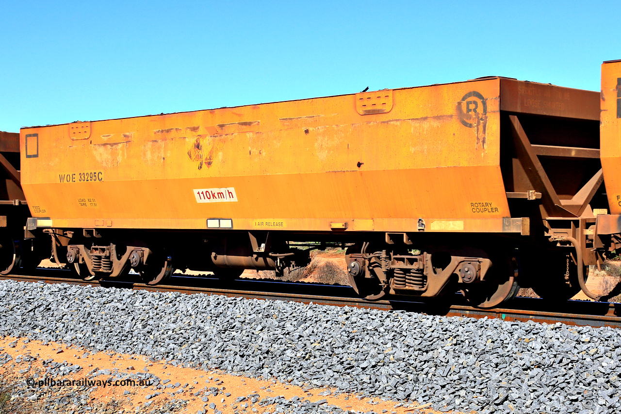 240328 2864
WOE type iron ore waggon WOE 33295 is the final waggon of a batch of thirty five built by United Goninan WA between January and April 2005 with serial number 950104-035 and had fleet number 794 before the Aurizon yellow painted sides and logo, in Mineral Resources traffic 5040 empty Mount Walton iron ore train. March 28, 2024.
Keywords: WOE-type;WOE33295;United-Goninan-WA;950104-035;