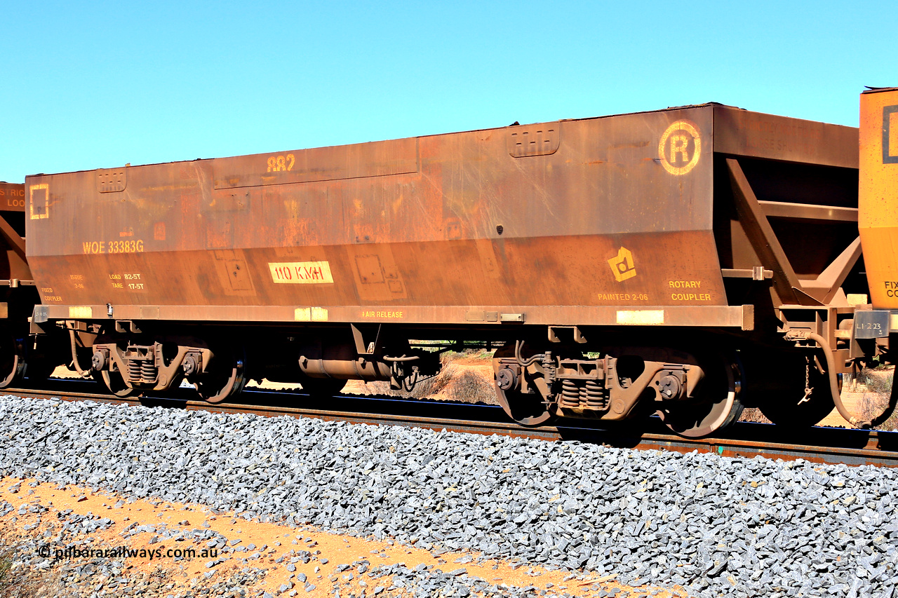 240328 2865
WOE type iron ore waggon WOE 33383 is one of a batch of one hundred and forty one built by United Group Rail WA between November 2005 and April 2006 with serial number 950142-088 and fleet number 882, in Mineral Resources traffic 5040 empty Mount Walton iron ore train. March 28, 2024.
Keywords: WOE-type;WOE33383;United-Group-Rail-WA;950142-088;