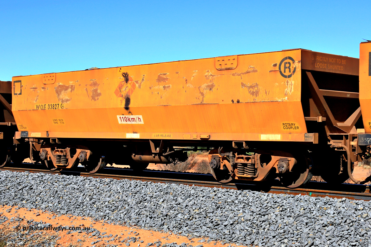 240328 2867
WOE type iron ore waggon WOE 33827 is from a batch of thirty built by UGL [United Goninan Limited] in China during November and December 2015 with serial number R0189-012 and was fleet number 7238 prior to the Aurizon yellow repainted sides and logo, in Mineral Resources traffic 5040 empty Mount Walton iron ore train. March 28, 2024.
Keywords: WOE-type;WOE33827;UGL-China;R0189-012;