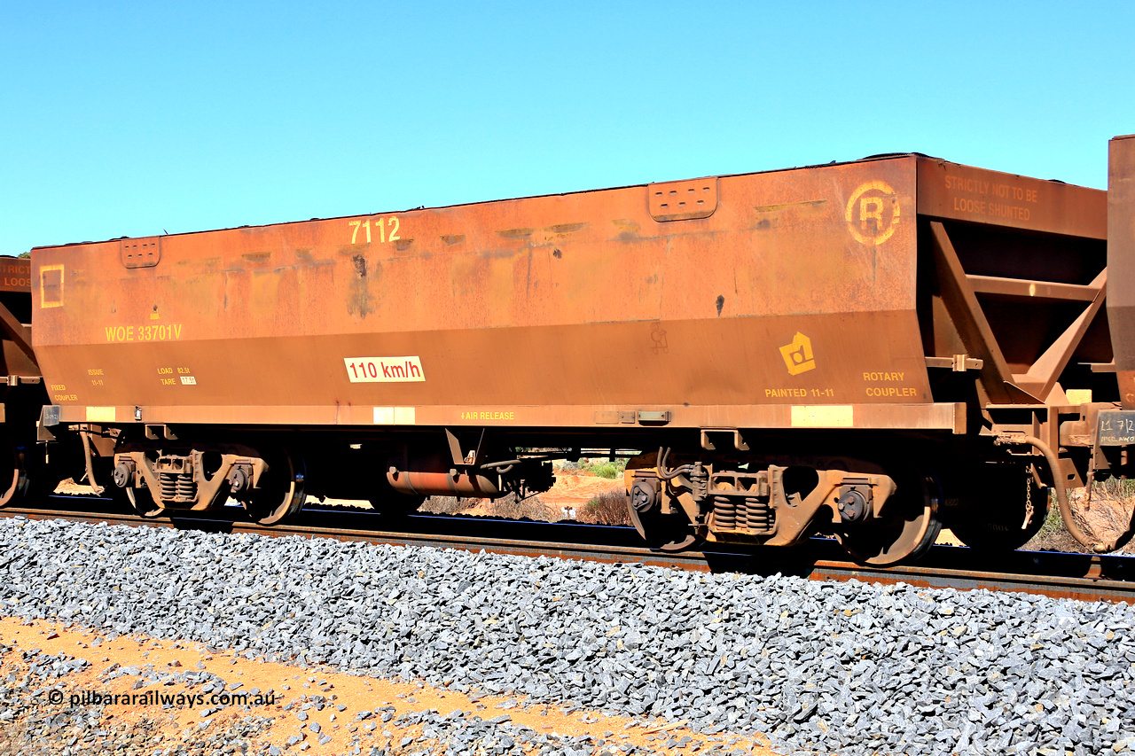 240328 2869
WOE type iron ore waggon WOE 33701 is from a batch of two hundred and twenty seven built by UGL Rail WA between from 08-2011 and 02-2012 of the current style of 82.5 tonne load capacity WOE class waggons and fleet number 7112, in Mineral Resources traffic 5040 empty Mount Walton iron ore train. March 28, 2024.
Keywords: WOE-type;WOE33701;UGL-Rail-WA;R0067-113;
