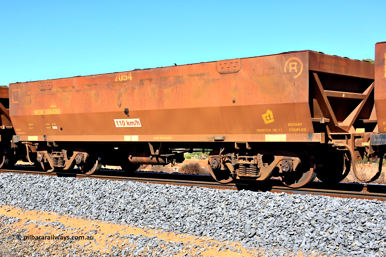 240328 2870
WOE type iron ore waggon WOE 33643 is from a batch of two hundred and twenty seven built by UGL Rail WA between from 08-2011 and 02-2012 of the current style of 82.5 tonne load capacity WOE class waggons and fleet number 7054, in Mineral Resources traffic 5040 empty Mount Walton iron ore train. March 28, 2024.
Keywords: WOE-type;WOE33643;UGL-Rail-WA;R0067-055;