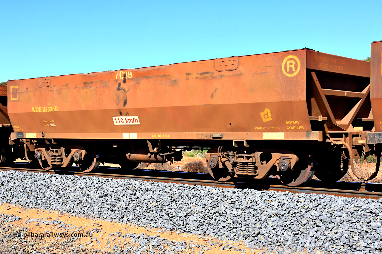 240328 2871
WOE type iron ore waggon WOE 33628 is from a batch of two hundred and twenty seven built by UGL Rail WA between from 08-2011 and 02-2012 of the current style of 82.5 tonne load capacity WOE class waggons and had fleet number 7039, in Mineral Resources traffic 5040 empty Mount Walton iron ore train. March 28, 2024.
Keywords: WOE-type;WOE33628;UGL-Rail-WA;R0067-040;