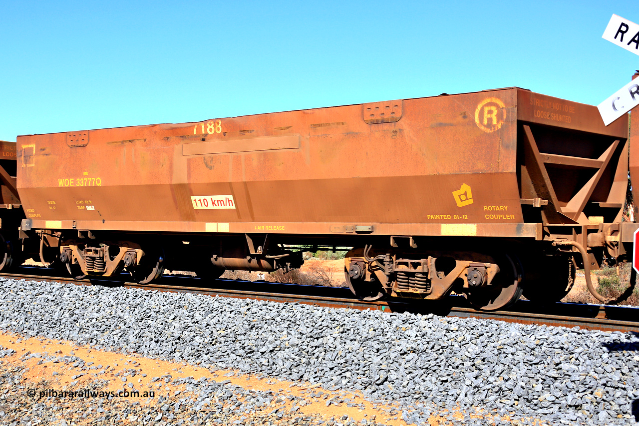 240328 2872
WOE type iron ore waggon WOE 33777 is from a batch of two hundred and twenty seven built by UGL Rail WA between from 08-2011 and 02-2012 of the current style of 82.5 tonne load capacity WOE class waggons and had fleet number 7188, in Mineral Resources traffic 5040 empty Mount Walton iron ore train. March 28, 2024.
Keywords: WOE-type;WOE33777;UGL-Rail-WA;R0067-189;