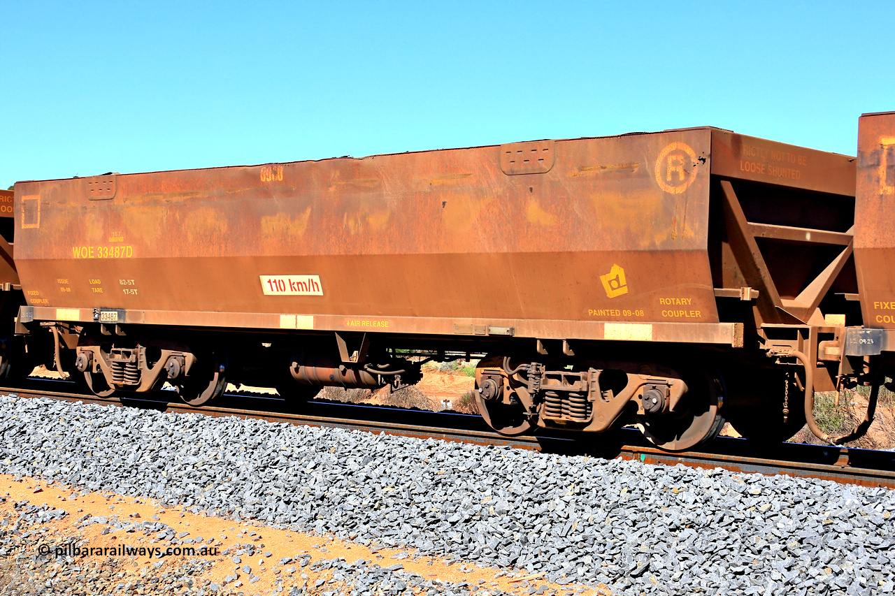 240328 2873
WOE type iron ore waggon WOE 33487 is one of a batch of one hundred and twenty eight built by United Group Rail WA between August 2008 and March 2009 with serial number 950211-027 and fleet number 8980, in Mineral Resources traffic 5040 empty Mount Walton iron ore train. March 28, 2024.
Keywords: WOE-type;WOE33487;United-Group-Rail-WA;950211-027;