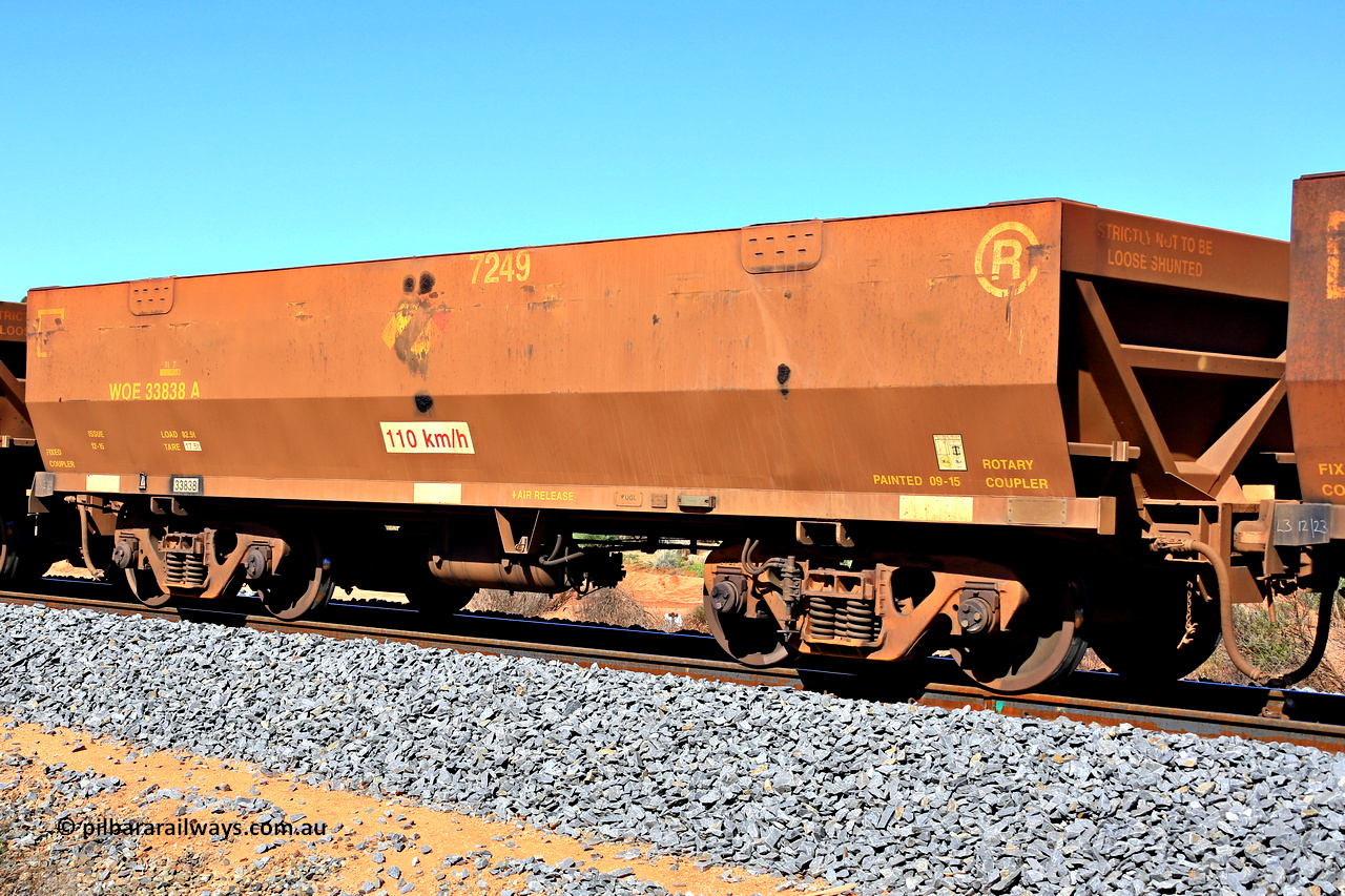 240328 2874
WOE type iron ore waggon WOE 33838 is from a batch of thirty built by UGL [United Goninan Limited] in China during November and December 2015 with serial number R0189-023 and was fleet number 7249, in Mineral Resources traffic 5040 empty Mount Walton iron ore train. March 28, 2024.
Keywords: WOE-type;WOE33838;UGL-China;R0189-023;