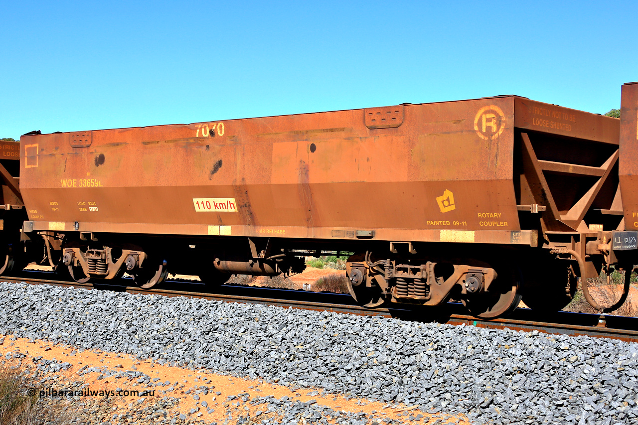 240328 2876
WOE type iron ore waggon WOE 33659 is from a batch of two hundred and twenty seven built by UGL Rail WA between from 08-2011 and 02-2012 of the current style of 82.5 tonne load capacity WOE class waggons and had fleet number 7070, in Mineral Resources traffic 5040 empty Mount Walton iron ore train. March 28, 2024.
Keywords: WOE-type;WOE33659;UGL-Rail-WA;R0067-071;