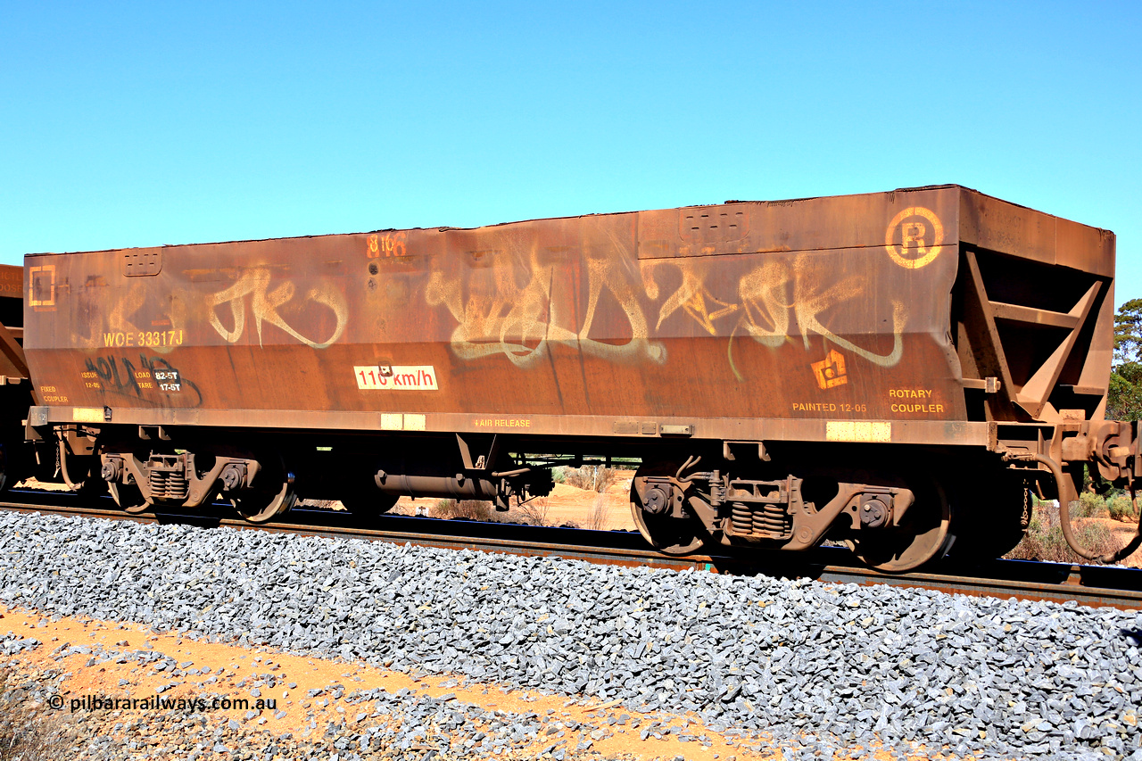 240328 2879
WOE type iron ore waggon WOE 33317 is one of a batch of one hundred and forty one built by United Goninan WA between November 2005 and April 2006 with serial number 950142-022 and fleet number 816, in Mineral Resources traffic 5040 empty Mount Walton iron ore train. March 28, 2024.
Keywords: WOE-type;WOE33317;United-Goninan-WA;950142-022;