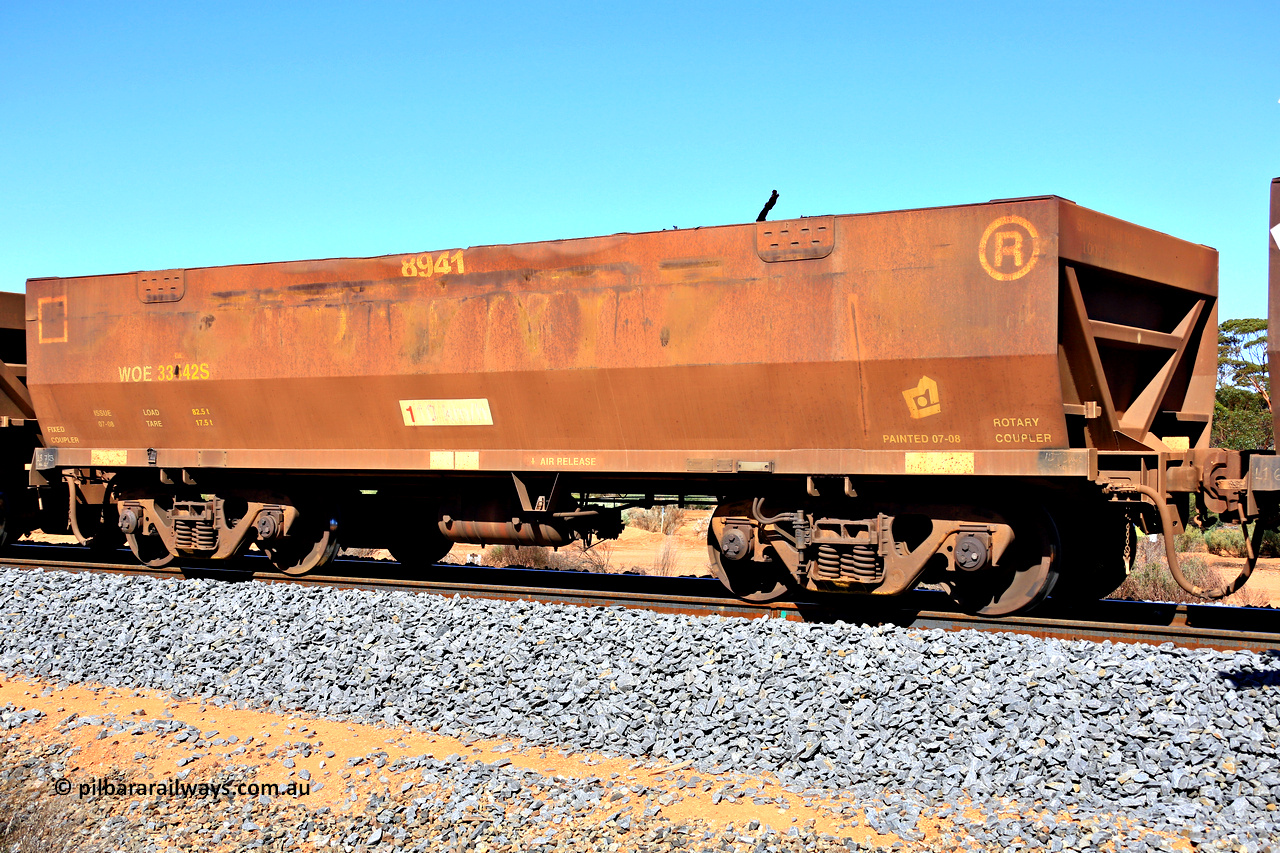 240328 2880
WOE type iron ore waggon WOE 33442 is one of a batch of seventeen built by United Group Rail WA between July and August 2008 with serial number 950209-006 and fleet number 8941, in Mineral Resources traffic 5040 empty Mount Walton iron ore train. 28th March 2024.
Keywords: WOE-type;WOE33442;United-Group-Rail-WA;950209-006;