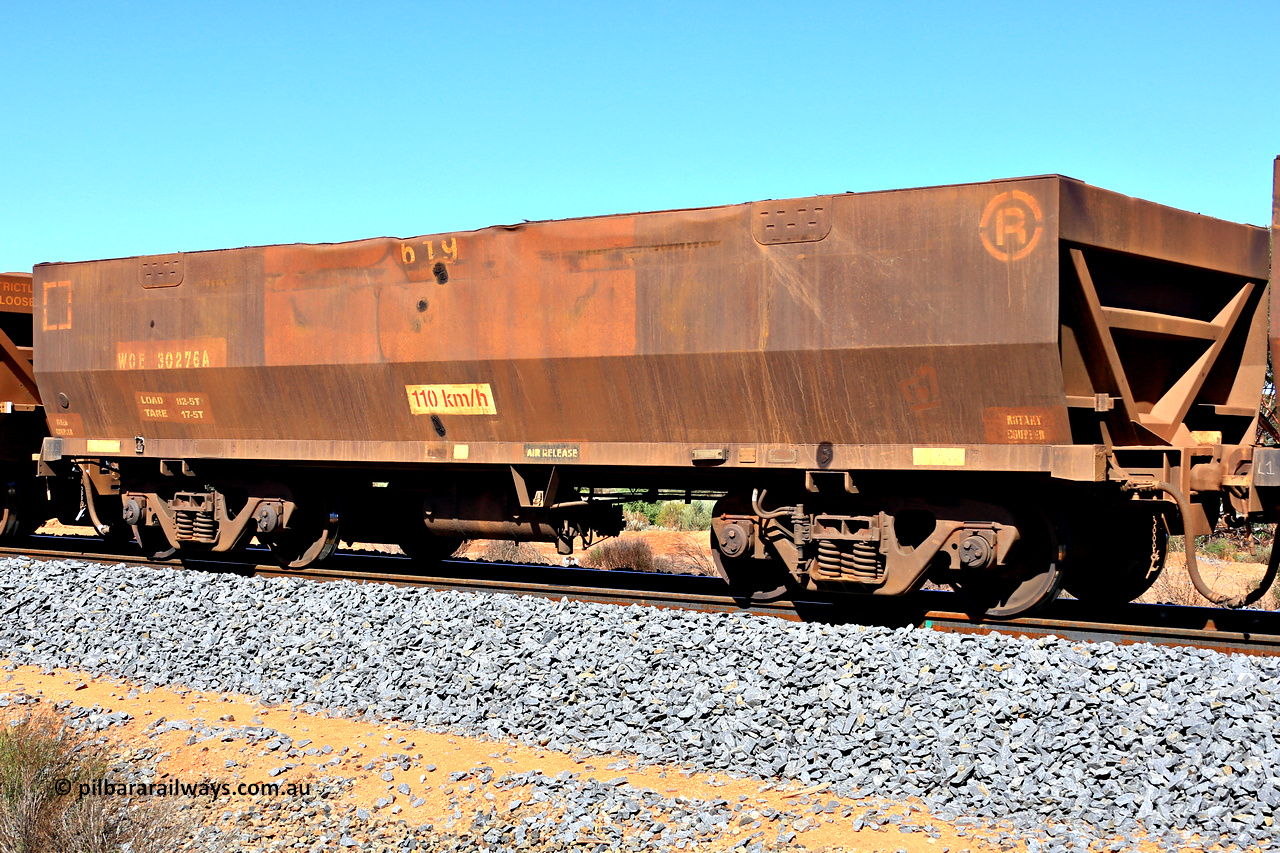 240328 2895
WOE type iron ore waggon WOE 30276 is one of a batch of one hundred and thirty built by Goninan WA between March and August 2001 with serial number 950092-026 and fleet number 619, in Mineral Resources traffic 5040 empty Mount Walton iron ore train. March 28, 2024.
Keywords: WOE-type;WOE30276;Goninan-WA;950092-026;