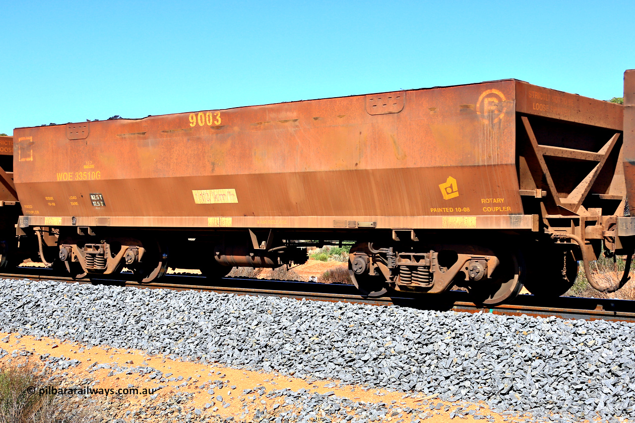 240328 2923
WOE type iron ore waggon WOE 33510 is one of a batch of one hundred and twenty eight built by United Group Rail WA between August 2008 and March 2009 with serial number 950211-050 and fleet number 9003, in Mineral Resources traffic 5040 empty Mount Walton iron ore train. March 28, 2024.
Keywords: WOE-type;WOE33510;United-Group-Rail-WA;950211-050;