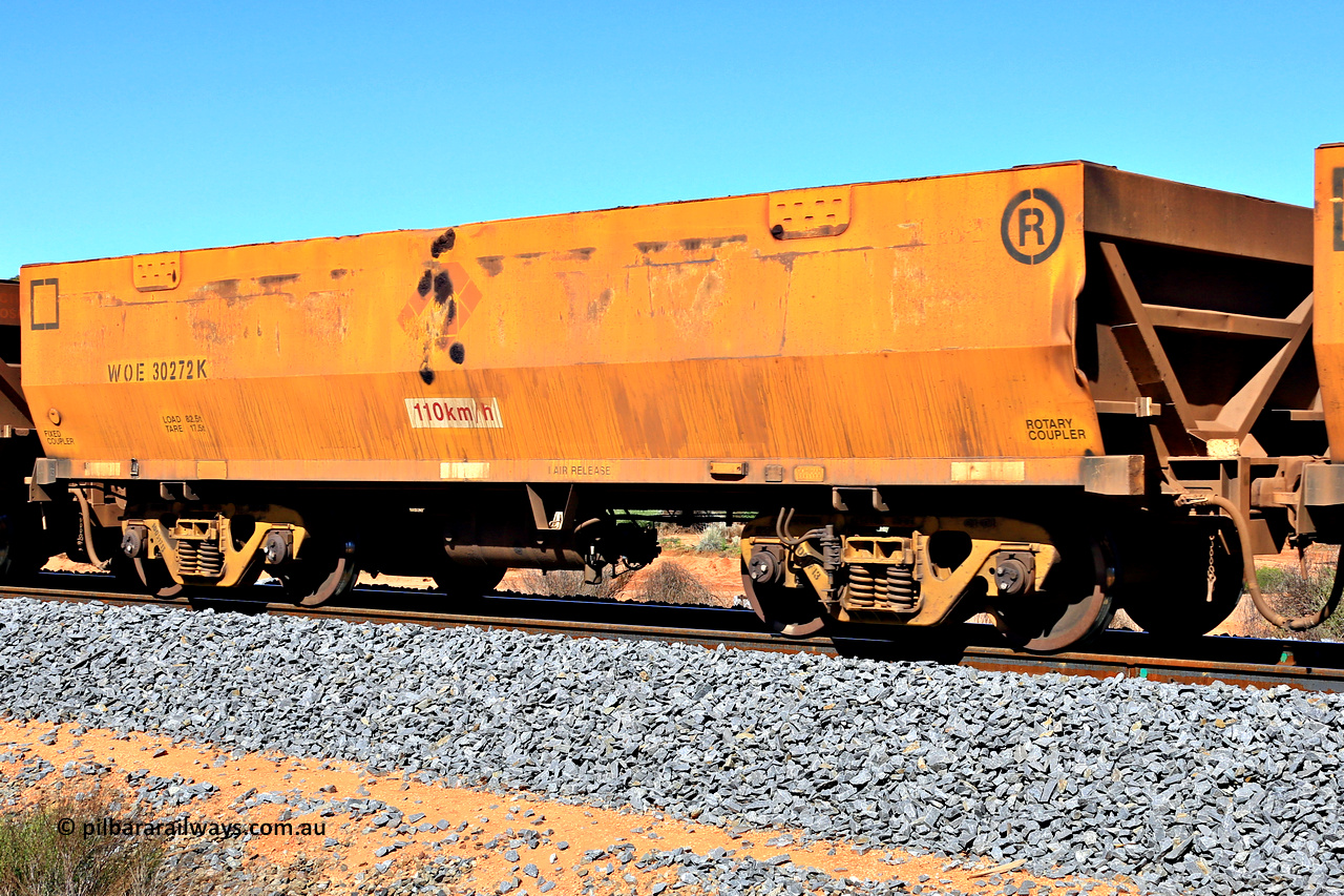 240328 2931
WOE type iron ore waggon WOE 30272 is one of a batch of one hundred and thirty built by Goninan WA between March and August 2001 with serial number 950092-022 and was fleet number 615 before getting the Aurizon yellow sides and logo. In Mineral Resources traffic 5040 empty Mount Walton iron ore train. March 28, 2024.
Keywords: WOE-type;WOE30272;Goninan-WA;950092-022;