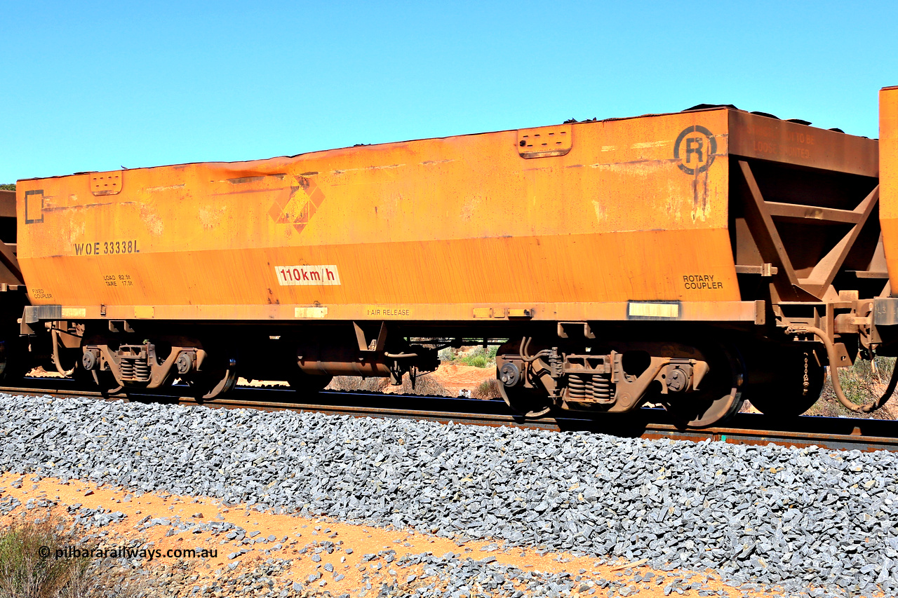 240328 2932
WOE type iron ore waggon WOE 33338 is one of a batch of one hundred and forty one built by United Goninan WA between November 2005 and April 2006 with serial number 950142-043 and was fleet number 829 before getting the Aurizon yellow sides and logo. In Mineral Resources traffic 5040 empty Mount Walton iron ore train. March 28, 2024.
Keywords: WOE-type;WOE33338;United-Goninan-WA;950142-043;