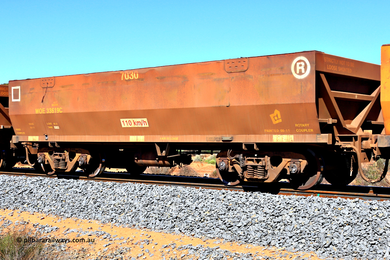 240328 2959
WOE type iron ore waggon WOE 33619 is from a batch of two hundred and twenty seven built by UGL Rail WA between from 08-2011 and 02-2012 of the current style of 82.5 tonne load capacity WOE class waggons with fleet number 7030, in Mineral Resources traffic 5040 empty Mount Walton iron ore train. March 28, 2024.
Keywords: WOE-type;WOE33619;UGL-Rail-WA;R0067-031;