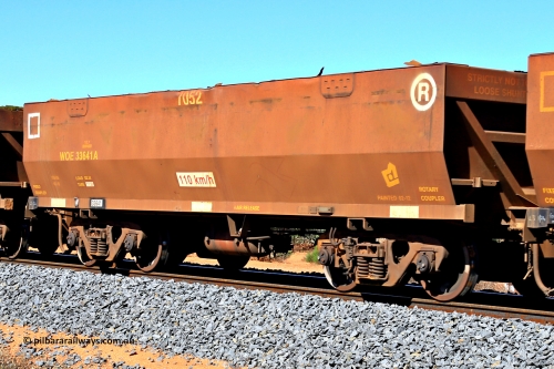 240328 2800
WOE type iron ore waggon WOE 33641 is from a batch of two hundred and twenty seven built by UGL Rail WA between from 08-2011 and 02-2012 of the current style of 82.5 tonne load capacity WOE class waggons with fleet number 7052, in Mineral Resources traffic 5040 empty Mount Walton iron ore train. March 28, 2024.
Keywords: WOE-type;WOE33641;UGL-Rail-WA;R0067-053;