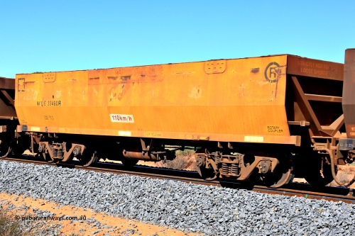 240328 2803
WOE type iron ore waggon WOE 33490 is one of a batch of one hundred and twenty eight built by United Group Rail WA between August 2008 and March 2009 with serial number 950211-030 and was fleet number 8984 before the sides were painted yellow and Aurizon logos, in Mineral Resources traffic 5040 empty Mount Walton iron ore train. March 28, 2024.
Keywords: WOE-type;WOE33490;United-Group-Rail-WA;950211-030;