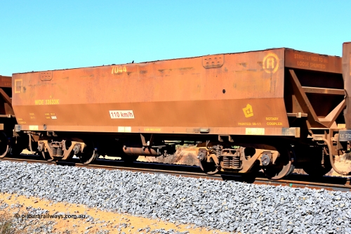 240328 2812
WOE type iron ore waggon WOE 33633 is from a batch of two hundred and twenty seven built by UGL Rail WA between from 08-2011 and 02-2012 of the current style of 82.5 tonne load capacity WOE class waggons with fleet number 7044, in Mineral Resources traffic 5040 empty Mount Walton iron ore train. March 28, 2024.
Keywords: WOE-type;WOE33633;UGL-Rail-WA;R0067-045