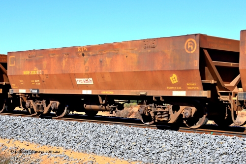 240328 2813
WOE type iron ore waggon WOE 33376 is one of a batch of one hundred and forty one built by United Goninan WA between November 2005 and April 2006 with serial number 950142-081 and fleet number 875, in Mineral Resources traffic 5040 empty Mount Walton iron ore train. March 28, 2024.
Keywords: WOE-type;WOE33376;United-Goninan-WA;950142-081;
