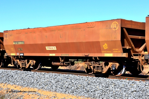 240328 2817
WOE type iron ore waggon WOE 33683 is from a batch of two hundred and twenty seven built by UGL Rail WA between from 08-2011 and 02-2012 of the current style of 82.5 tonne load capacity WOE class waggons and was fleet number 7094 before the sides were repainted brown, in Mineral Resources traffic 5040 empty Mount Walton iron ore train. March 28, 2024.
Keywords: WOE-type;WOE33683;UGL-Rail-WA;R0067-095;