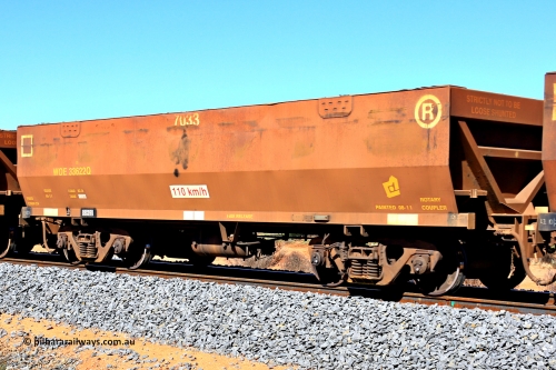 240328 2827
WOE type iron ore waggon WOE 33622 is from a batch of two hundred and twenty seven built by UGL Rail WA between from 08-2011 and 02-2012 of the current style of 82.5 tonne load capacity WOE class waggons with fleet number 7033, in Mineral Resources traffic 5040 empty Mount Walton iron ore train. March 28, 2024.
Keywords: WOE-type;WOE33622;UGL-Rail-WA;R0067-034;