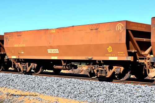 240328 2834
WOE type iron ore waggon WOE 33771 is from a batch of two hundred and twenty seven built by UGL Rail WA between from 08-2011 and 02-2012 of the current style of 82.5 tonne load capacity WOE class waggons with fleet number 7182, in Mineral Resources traffic 5040 empty Mount Walton iron ore train. March 28, 2024.
Keywords: WOE-type;WOE33771;UGL-Rail-WA;R0067-183;