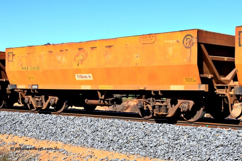 240328 2845
WOE type iron ore waggon WOE 33495 is one of a batch of one hundred and twenty eight built by United Group Rail WA between August 2008 and March 2009 with serial number 950211-035 and had fleet number 8985 before the Aurizon yellow painted sides and logo, in Mineral Resources traffic 5040 empty Mount Walton iron ore train. March 28, 2024.
Keywords: WOE-type;WOE33495;United-Group-Rail-WA;950211-035;