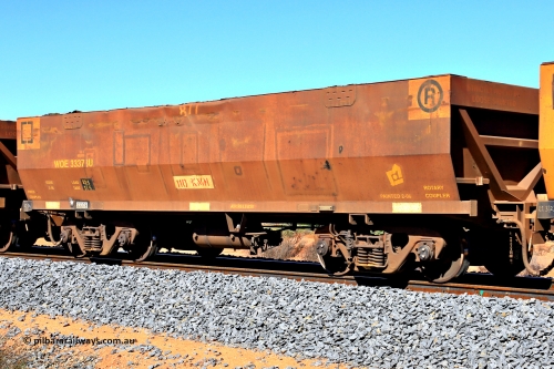 240328 2849
WOE type iron ore waggon WOE 33378 is one of a batch of one hundred and forty one built by United Goninan WA between November 2005 and April 2006 with serial number 950142-083 and fleet number 877. WOE 33378 was the last waggon plated as United Goninan, the following built were United Group Rail. In Mineral Resources traffic 5040 empty Mount Walton iron ore train. March 28, 2024.
Keywords: WOE-type;WOE33378;United-Goninan-WA;950142-083;