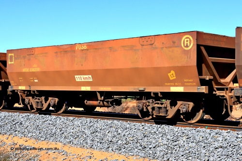 240328 2852
WOE type iron ore waggon WOE 33627 is from a batch of two hundred and twenty seven built by UGL Rail WA between from 08-2011 and 02-2012 of the current style of 82.5 tonne load capacity WOE class waggons and fleet number 7038, in Mineral Resources traffic 5040 empty Mount Walton iron ore train. March 28, 2024.
Keywords: WOE-type;WOE33627;UGL-Rail-WA;R0067-039;