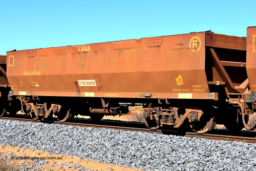 240328 2856
WOE type iron ore waggon WOE 33792 is from a batch of two hundred and twenty seven built by UGL Rail WA between from 08-2011 and 02-2012 of the current style of 82.5 tonne load capacity WOE class waggons and fleet number 7203, in Mineral Resources traffic 5040 empty Mount Walton iron ore train. March 28, 2024.
Keywords: WOE-type;WOE33792;UGL-Rail-WA;R0067-204;