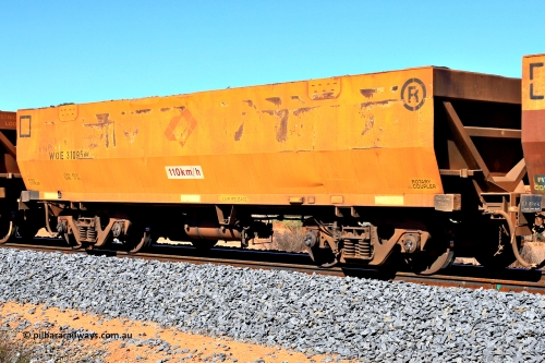 240328 2858
WOE type iron ore waggon WOE 31095 is one of a batch of one hundred and thirty built by Goninan WA between March and August 2001 with serial number 950092-085 and was fleet number 680 prior to the Aurizon yellow repainted sides and logo, in Mineral Resources traffic 5040 empty Mount Walton iron ore train. March 28, 2024.
Keywords: WOE-type;WOE31095;Goninan-WA;950092-085;