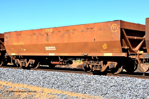 240328 2869
WOE type iron ore waggon WOE 33701 is from a batch of two hundred and twenty seven built by UGL Rail WA between from 08-2011 and 02-2012 of the current style of 82.5 tonne load capacity WOE class waggons and fleet number 7112, in Mineral Resources traffic 5040 empty Mount Walton iron ore train. March 28, 2024.
Keywords: WOE-type;WOE33701;UGL-Rail-WA;R0067-113;