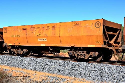 240328 2891
WOE type iron ore waggon WOE 33357 is one of a batch of one hundred and forty one built by United Goninan WA between November 2005 and April 2006 with serial number 950142-062 and had fleet number 856 until the Aurizon yellow repainting of the sides and logo, in Mineral Resources traffic 5040 empty Mount Walton iron ore train. March 28, 2024.
Keywords: WOE-type;WOE33357;United-Goninan-WA;950142-062;