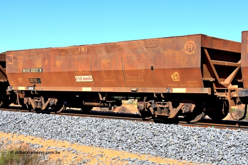 240328 2894
WOE type iron ore waggon WOE 33282 is one of a batch of thirty five built by United Goninan WA between January and April 2005 with serial number 950104-022 and fleet number 781, in Mineral Resources traffic 5040 empty Mount Walton iron ore train. March 28, 2024.
Keywords: WOE-type;WOE33282;United-Goninan-WA;950104-022;