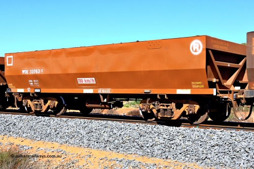240328 2896
WOE type iron ore waggon WOE 33763 is from a batch of two hundred and twenty seven built by UGL Rail WA between from 08-2011 and 02-2012 of the current style of 82.5 tonne load capacity WOE class waggons with serial number R0067-175 and was fleet number 7174 before the recent brown repainted sides, in Mineral Resources traffic 5040 empty Mount Walton iron ore train. March 28, 2024.
Keywords: WOE-type;WOE33763;UGL-Rail-WA;R0067-175;
